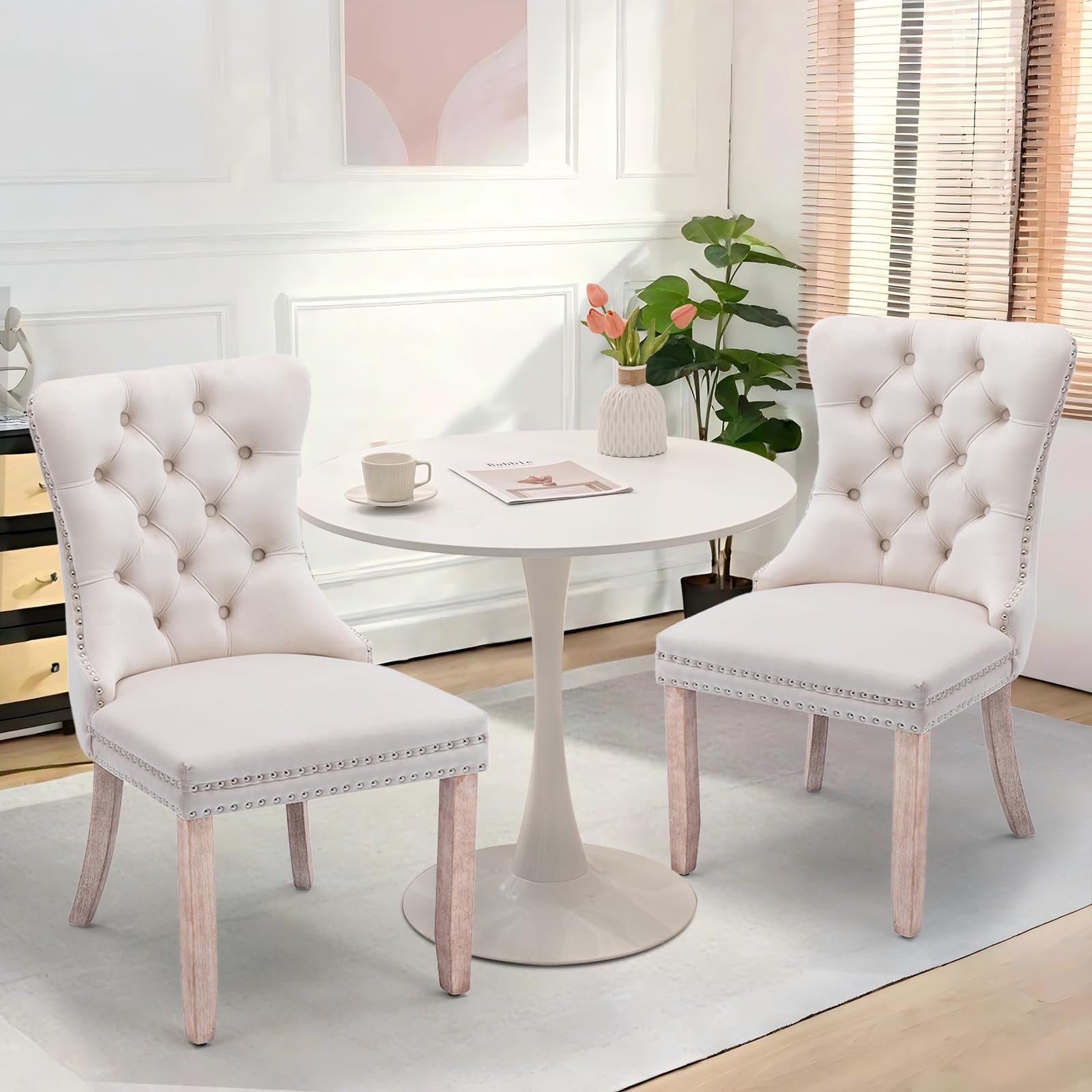 JETEAGO Dining Table and Dining Chair Set 31.5" White Round Table&2 Velvet Upholstered Wooden Legs Chairs for Kitchen Dining Room Small Space 3 Piece