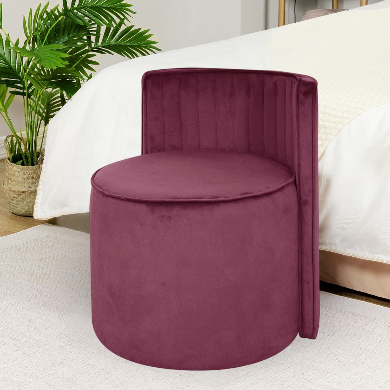 Puffy Stool for Living Room | Velvet OttomanPouffes for Sitting with Backrest | Dressing Table Stool | Puffy Footstool Furniture for Home Decor, Office (Light Purple)-image-10