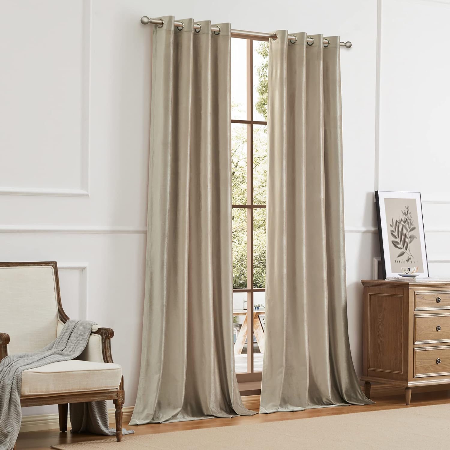 BULBUL Champagne Velvet Curtains Beige Luxury Elegant Living Room Curtain - Modern Thermal Insulated Soundproof Privacy Room Darkening Floor to Ceiling Soft Drapes for Bedroom