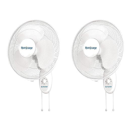 Hurricane 2-Pack Supreme 16-Inch Oscillating Wall Mount Fan, White – Quiet Operation Corded Electric Air Cooling Unit with Pull Cords for Home, Garage, Greenhouse, Workshop, or Gym