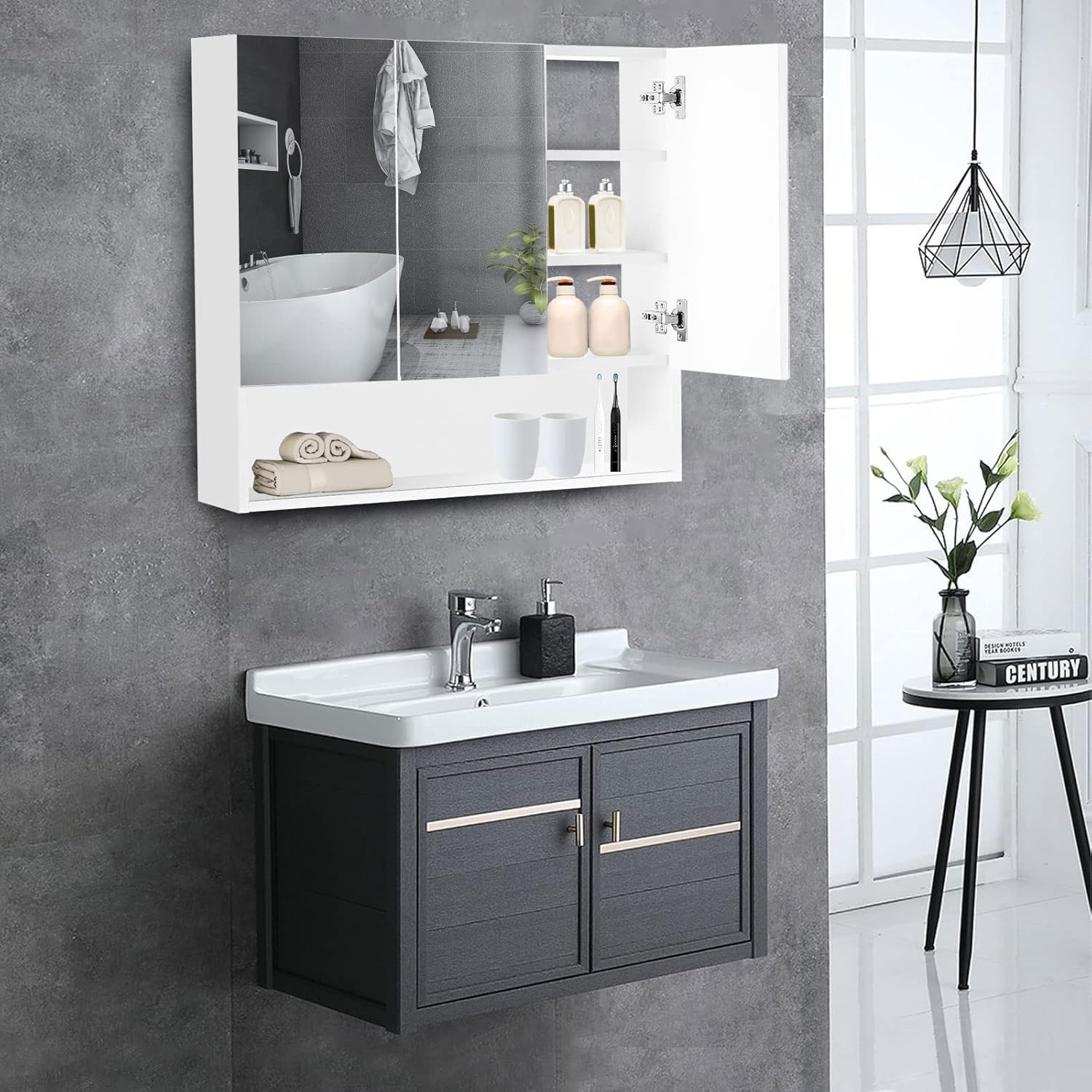 CLIPOP Armarios con Espejo para Baño, Montado en la Pared, 3 Puertas Armario de Baño con Estante Abierto y Estantes Ajustables, Armarios con Espejo for Dormitorio, Sala de Estar