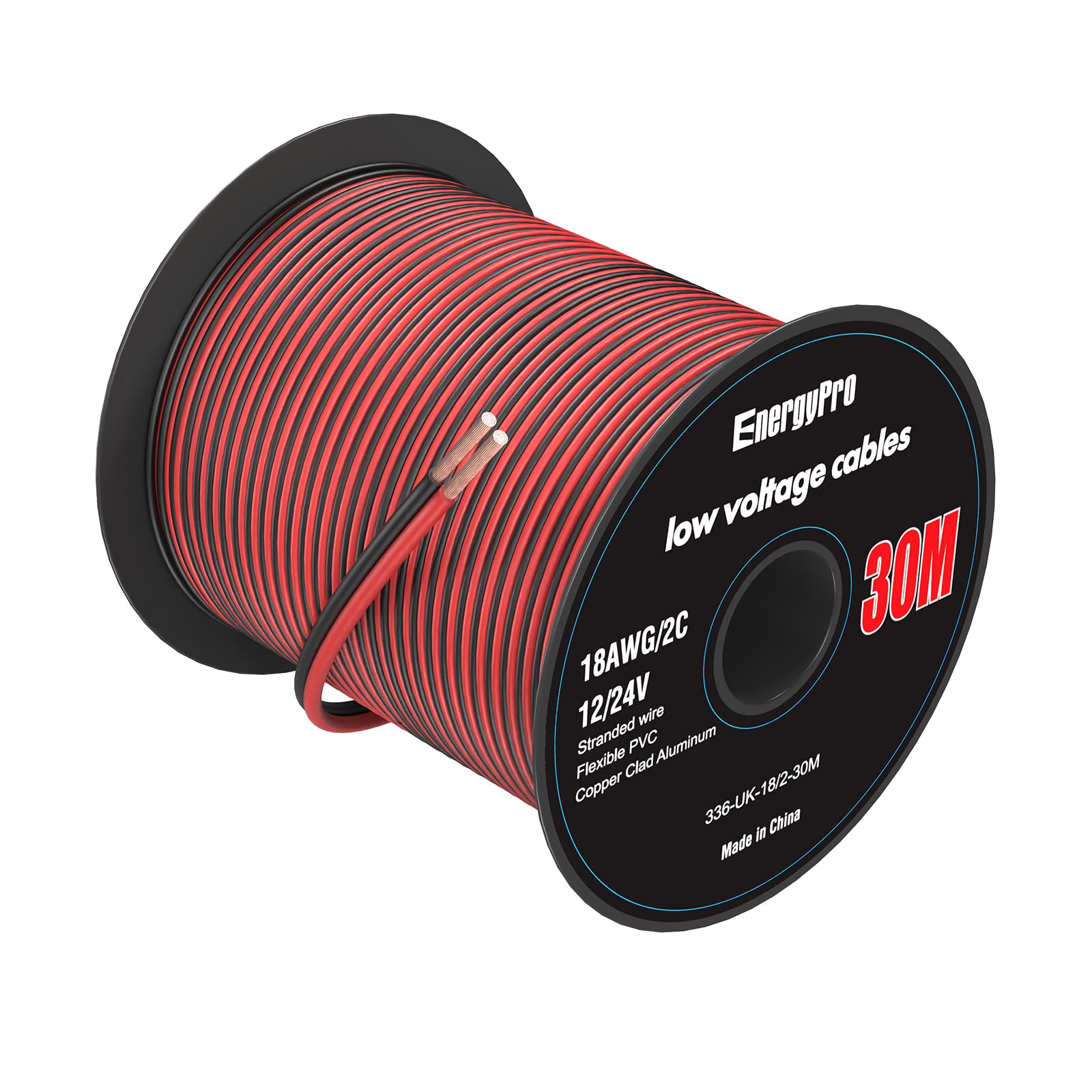 EnergyPro 18AWG 0.8mm² Electrical Wire 30m (15 Red + 15 Black) - 12V/24V DC Hookup Cable, CCA Stranded Low Voltage Wire for LED Strip, Automotive, Boat, Solar Panel
