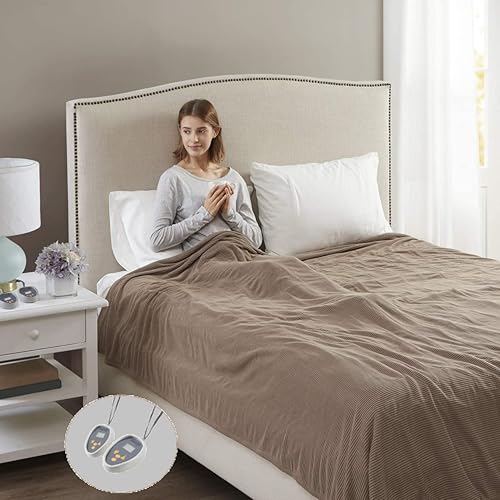 Vista 21 de Beautyrest Manta eléctrica de microforro polar ultrasuave con textura acanalada, acogedora y cómoda para clima frío, calentamiento rápido, apagado