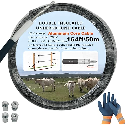 CYM-INSIST 164feet Electric Fence Double Insulated Wire Underground,12-1/2 Guage Electric Fence Double Insulated Underground Hard Cable,Aluminum Core Cable