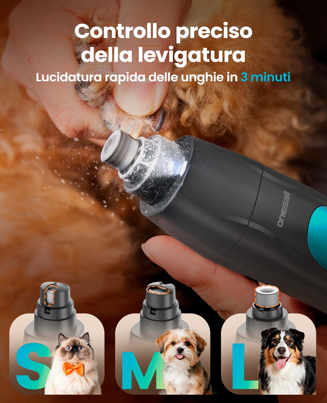 oneisall 4 in 1 Tosatrice per Cane Gatto con Luce LED, 2025 Nuova Versione Cura Peli Animali per Rasoio Cani & Zampe & Smerigliatrice Artiglio, 2000mAh Ricaricabile Rasoio per Cani (Blau, 4-in-1)