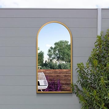 The Arcus - Gold Metal Framed Arched Garden Wall Mirror 31" X 16" 80CM X 40CM. Suitable for Outside and Inside.