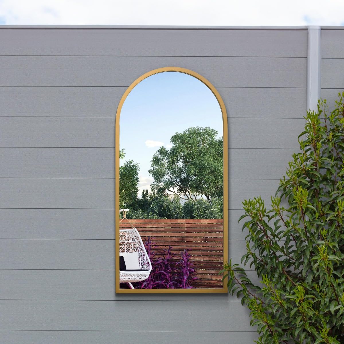 Mirroroutlet Gold The Arcus - Metal Framed Arched Garden Wall Mirror 31" X 16" (80Cm X 40Cm). Suitable For Outside And Inside.