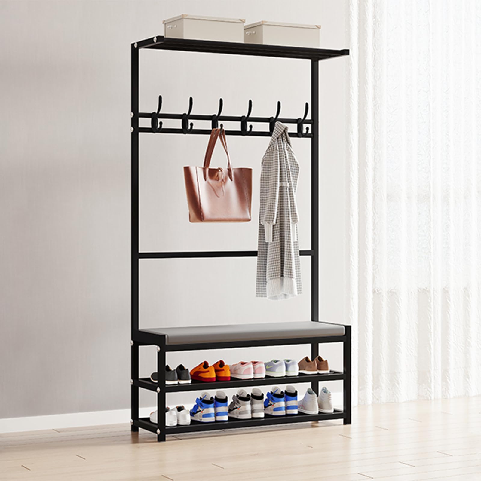 MSHGSKU 3 in 1 Entryway Coat Rack with Storage Bench Metal Frame Black Freestanding Hall Tree with Sturdy Design 75x25.5x160cm Perfect for Home nization