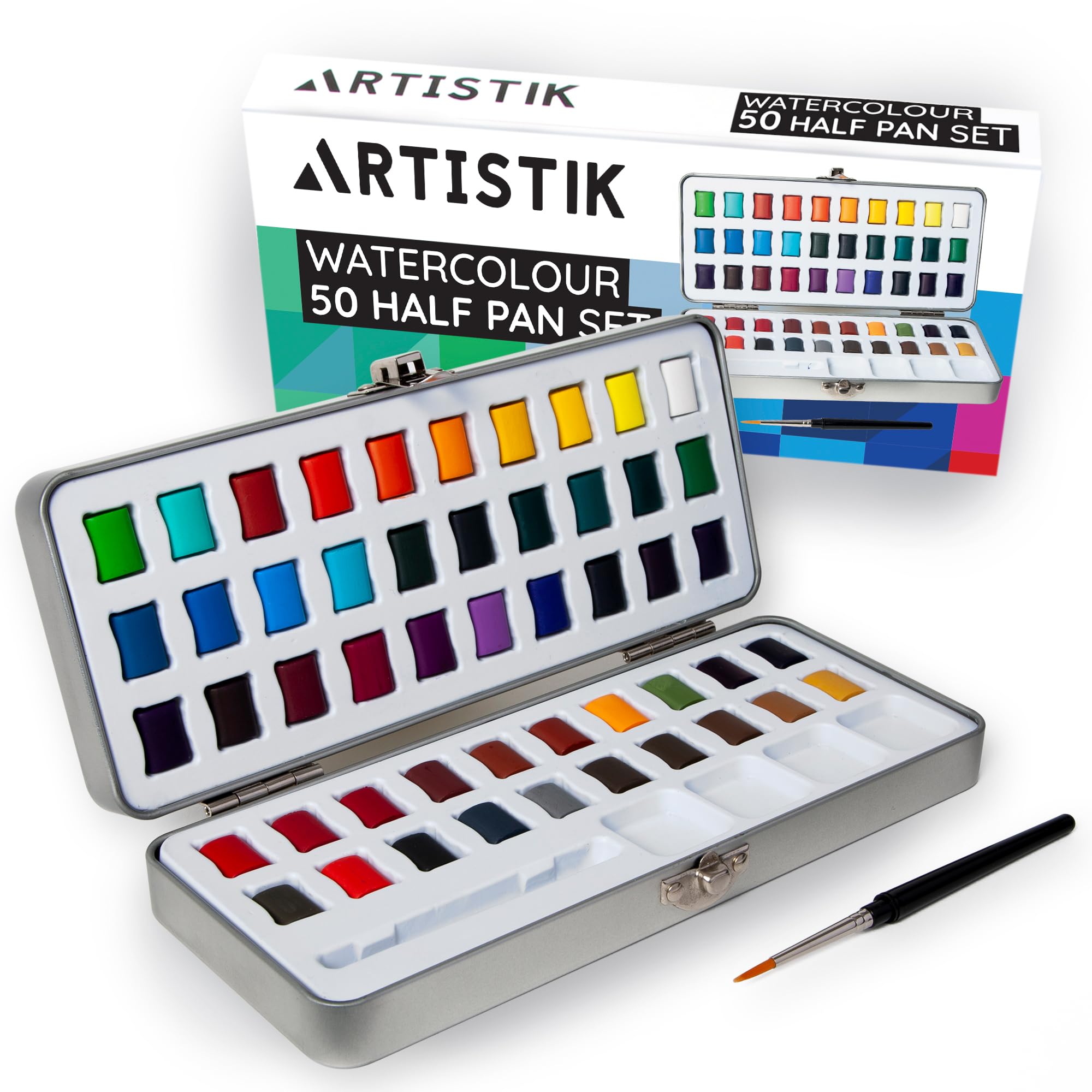 Set Di Acquerelli ARTISTIK - 50 Colori In Tavolozza Da Mezza Cialda E Barattolo Di Metallo Portatile Colori Vivaci Assortiti Con Pennello Per B~p122010430