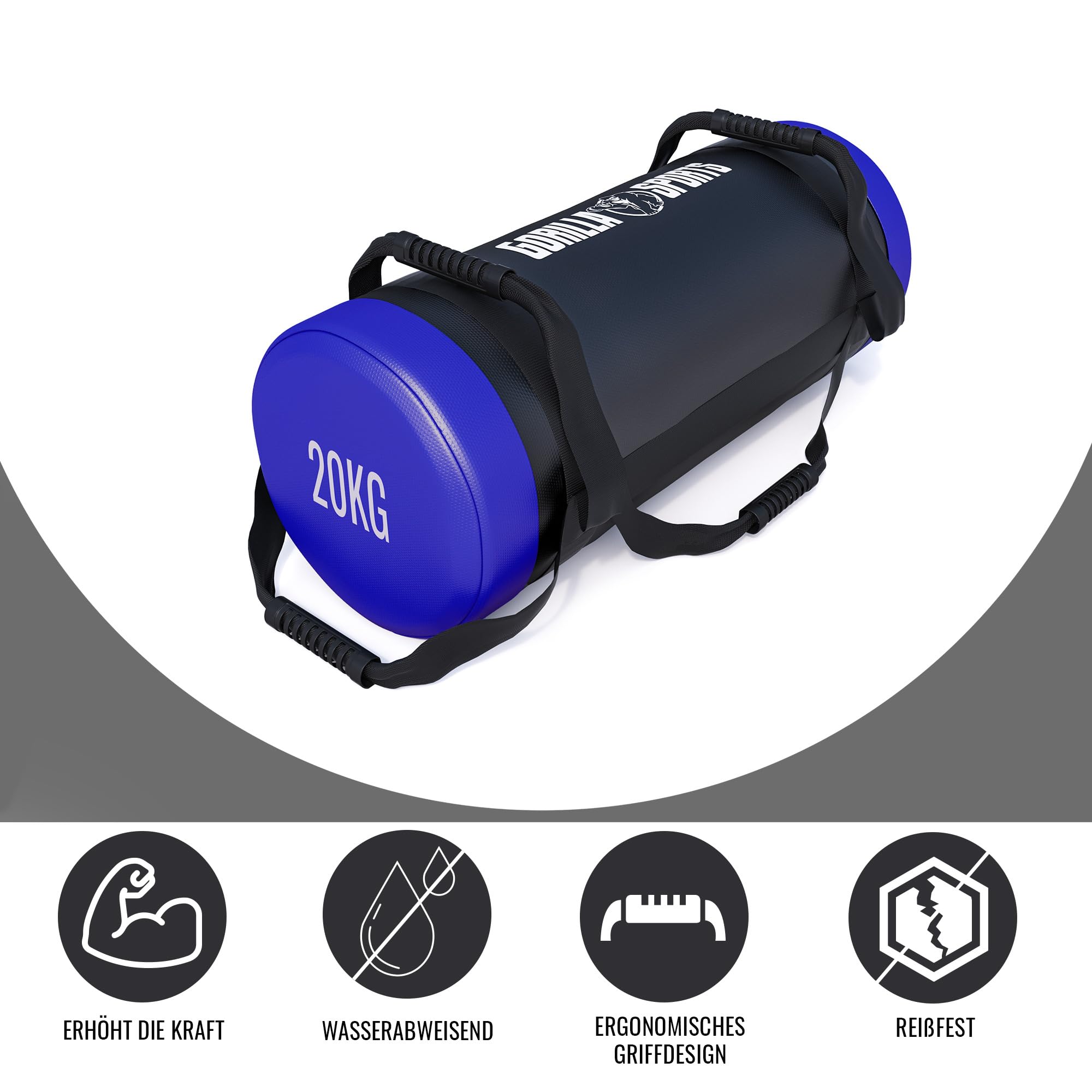 GORILLA SPORTS® Fitness Power Bag - 5/10/15/20/25/30 kg, rutschfeste Griffe, Gefüllt, Kunstleder - Gewichtssack, Sandbag, Corebag, Sandsäcke, Gewichte für Training, Workout, Crossfit, Gym