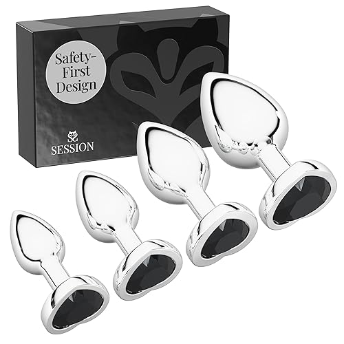 Session Jewel Butt Plug Beginner 4 Piece Set - X-Small, Small, Medium, Large - Wide Base Prevents Slippage - Metal Anal Sex Adult Toy for Men & Women - Heart Shaped Charm (Silver & Black) - Silver & Black - Heart Shaped Charm