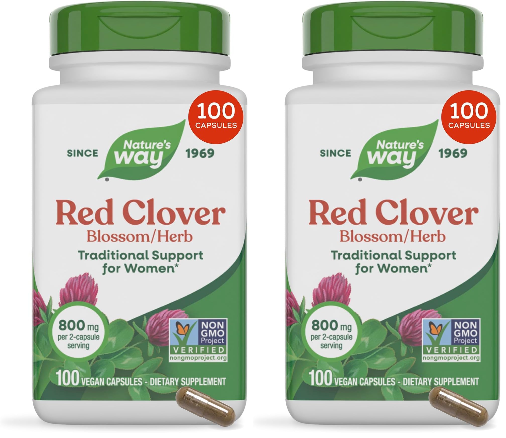 Nature's Way Red Clover Blossom Herb, Traditional Health Support for Women*, 800 mg per 2-Capsule Serving, Non-GMO Project Verified, Red Clover Supplement, 100 Vegan Capsules (Pack of 2) 100 Count (Pack of 2)
