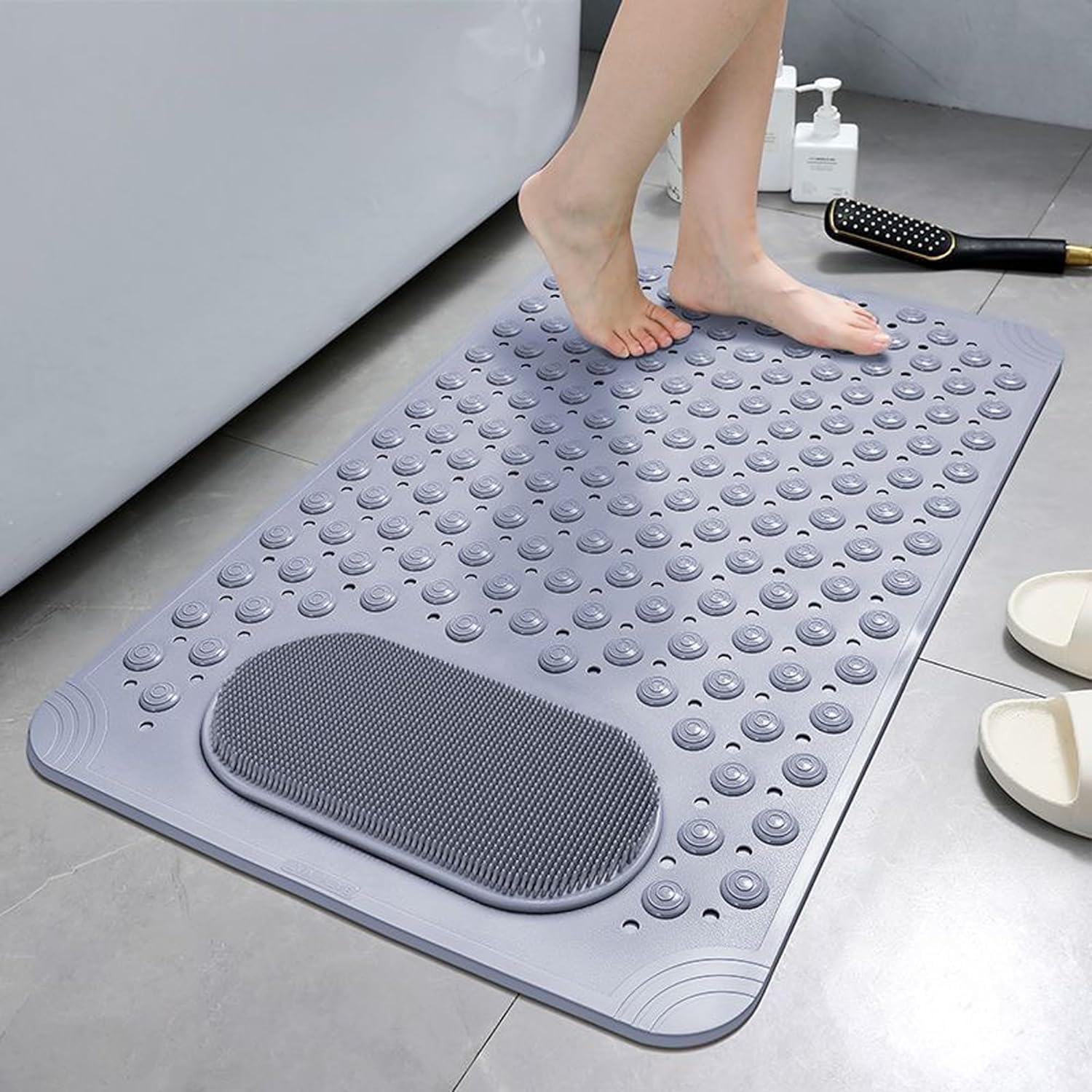 Shower Mat Bathtub Mat Non Slip, 31×20in Bath tub Mat, Floor Mats with Suction Cups and Drainage Holes, Feet Massage, Quick Drying, Bath Mat for Tub & Shower Stall & Bathroom (‎Grey)