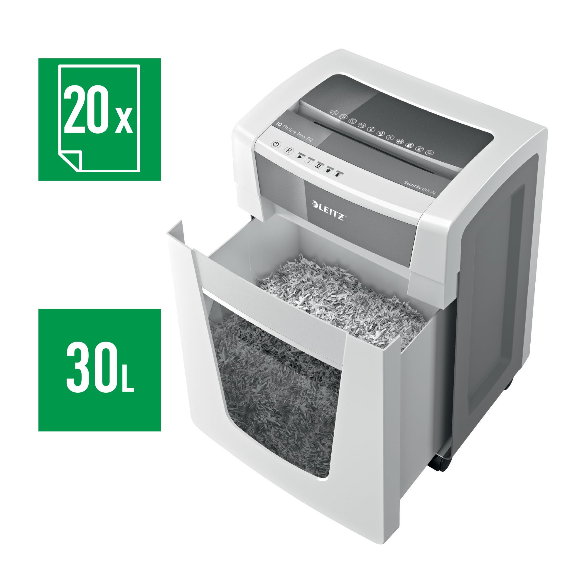 Leitz Destructora IQ Office Pro P4 - Destructora de papel de corte en confeti, destruye 22-20 hojas a la vez (70-80 gms), papelera de 30 l, blanco/plata, 80060000