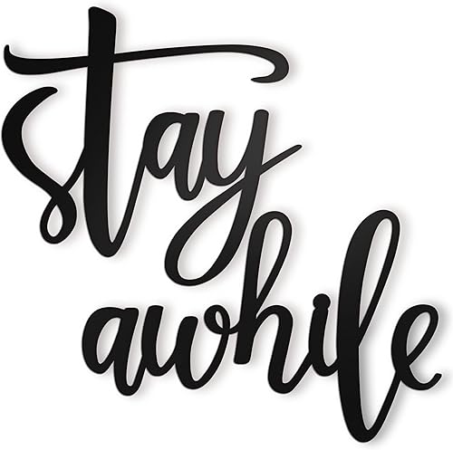 Vivegate Letrero de metal para pared con texto en inglés Stay Awhile, 2 letreros de pared negros para decoración de pared del hogar, entrada y pared
