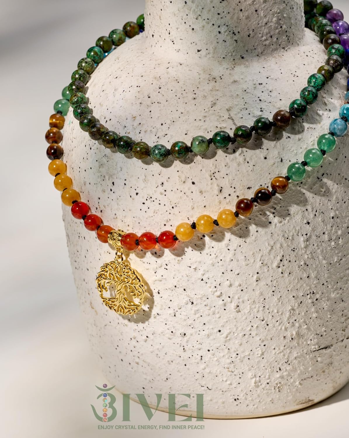 Bivei 108 Mala Beads Necklace Life Tree 7 Chakra Wrap Bracelet Real Healing Gemstone Yoga Meditation Hand Knotted Mala Prayer Bead Necklace - Image 2