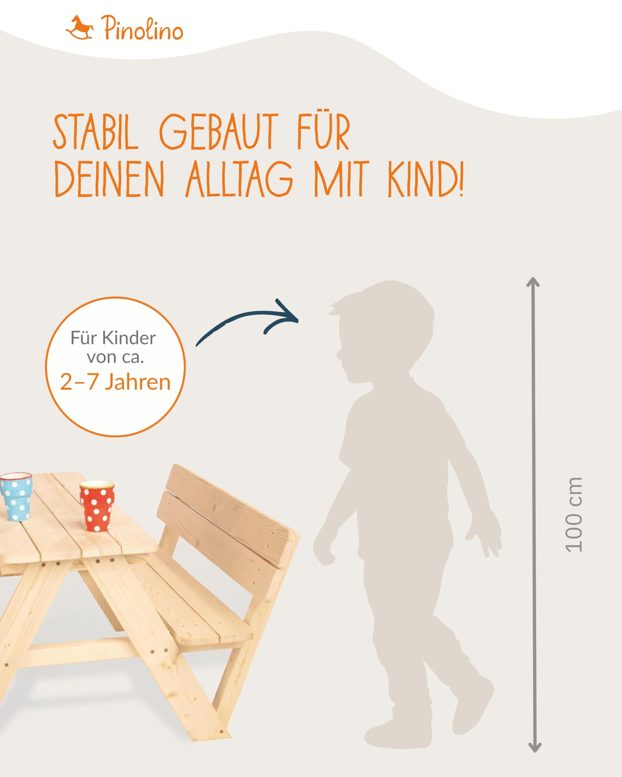 PINOLINO Nicki 4er Kindersitzgruppe mit Lehne aus Massivholz I Kinder Picknicktisch für Garten & Outdoor I Spieltisch mit Rückenlehnen für 4 Kinder I 90 x 105 x 51 cm