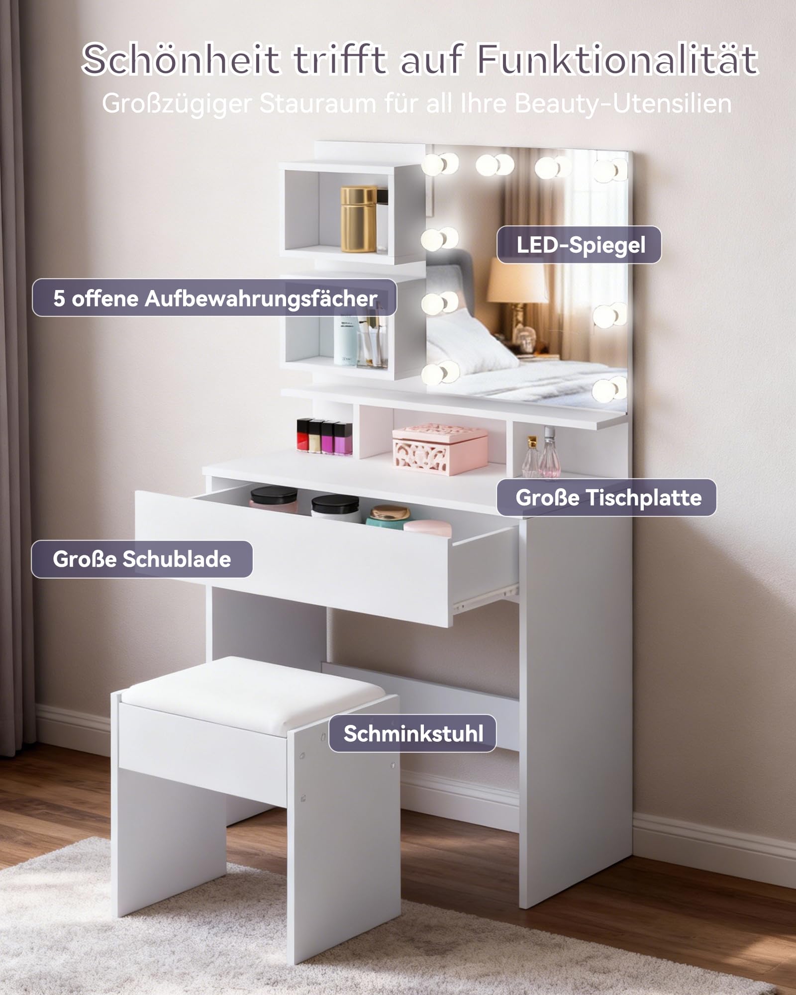 Schminktisch mit Beleuchtung und Hocker, Frisiertisch mit Spiegel 3 einstellbare Lichtfarben einstellbare Helligkeit, Kosmetiktisch mit Große Schubladen, 5 offenen Fächern, Weiß