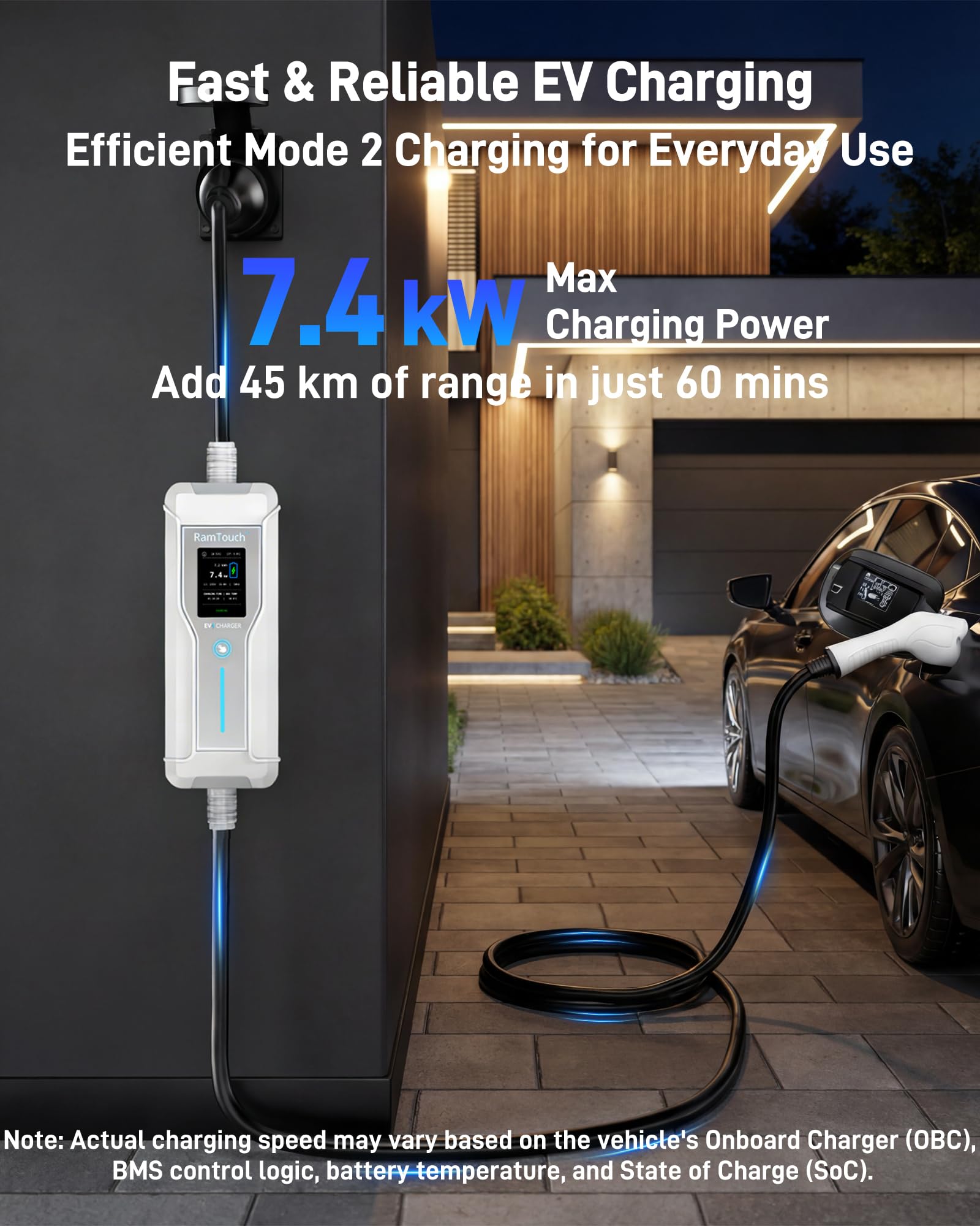 Caricatore Auto Elettrica (7,4 kW, 6 A - 32 A, 5 m, IP67) | CEE 32A a Tipo 2 | Cavo Ricarica Modo 2 con Display, Avvio Ritardato, Timer, RCD CA/CC, Wallbox Portatile per Veicoli EV e PHEV