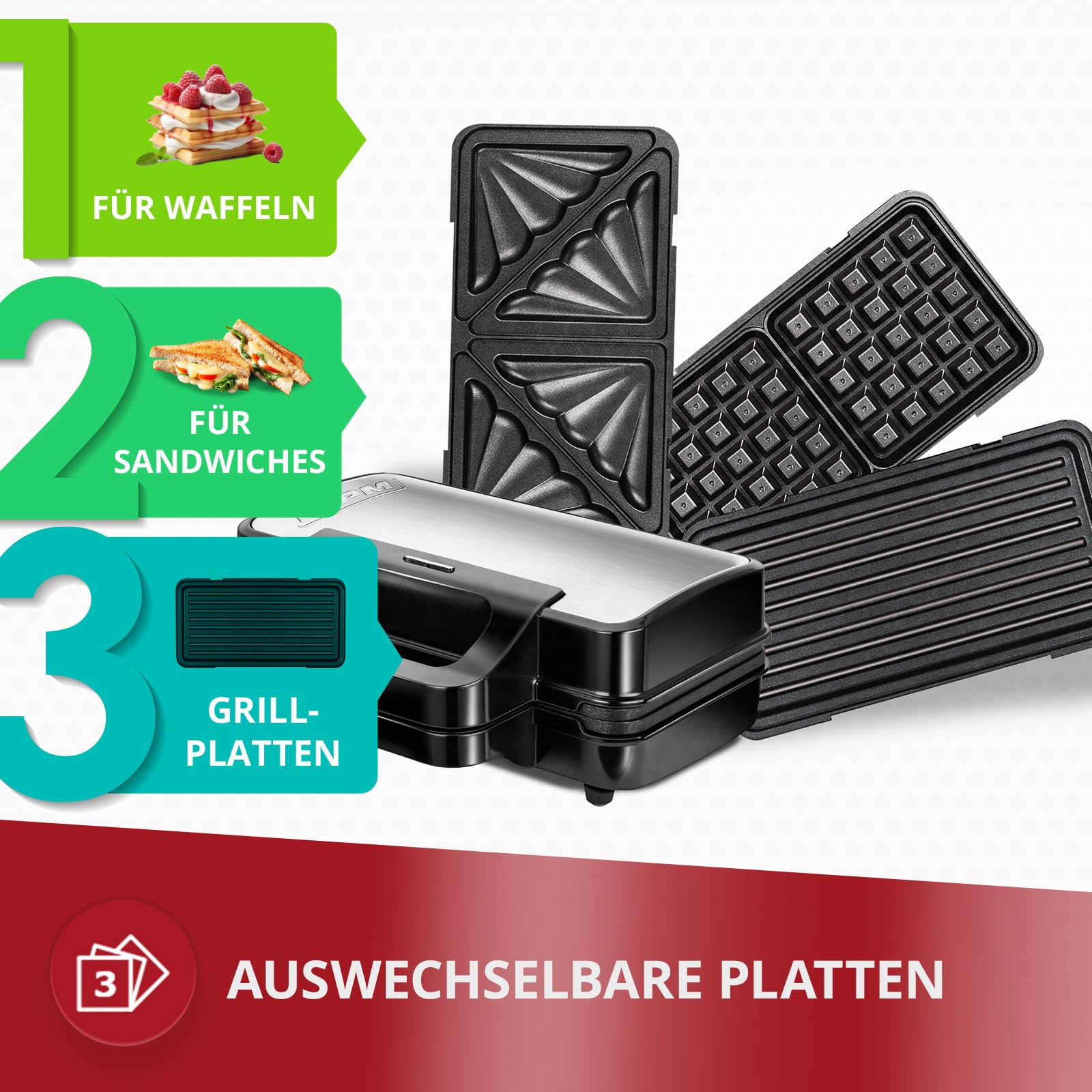 MPM MOP-43M Appareil à Sandwichs 3 en 1, Plaques Interchangeables, Appareil à Croque Monsieur, Gaufrier Belge, Grill pour Viande et Poisson, Contrôleur de Température Automatique, 1000W