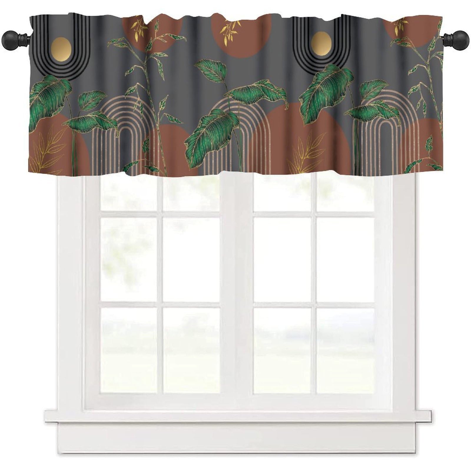 Brown Mid Century Abstract Valance Curtains Boho Retro Tropical Palm Tree Leaves Sun Arch Modern Aesthetic Geometric Window Curtain Valance for Farmhouse Kitchen Bedroom Living Room 54x18inch