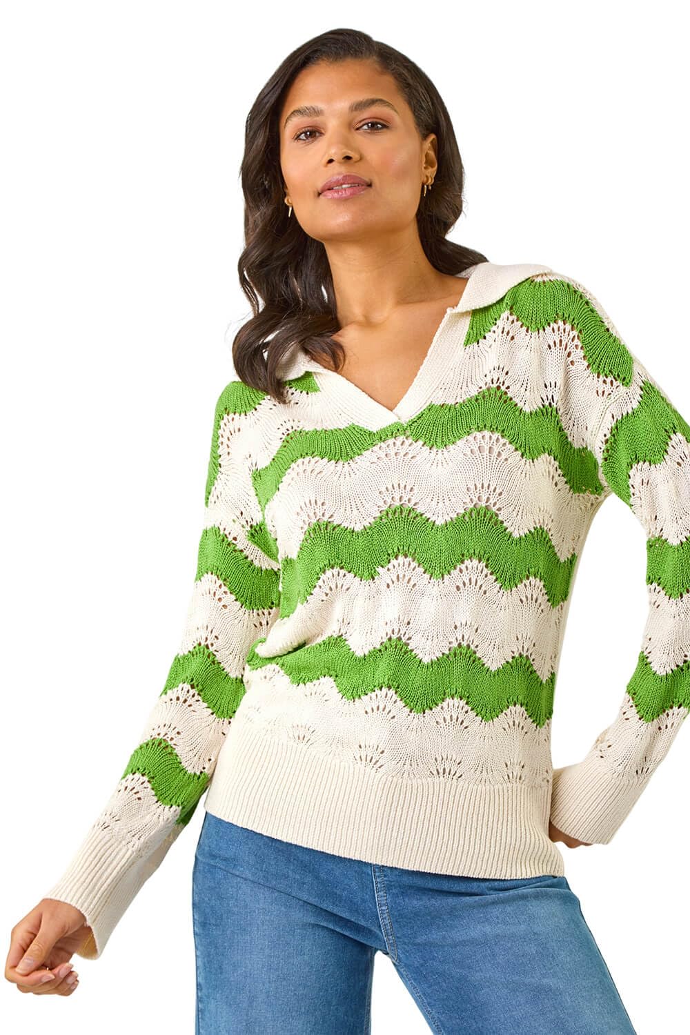 Roman Women's Wave Polo Cardigan Knit Jumper in Green | Size: 16