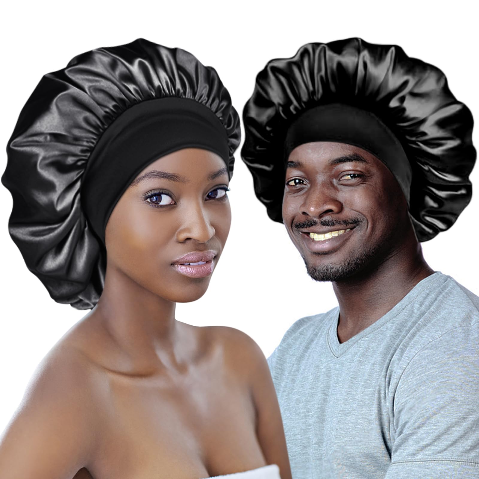 Adubor Silk Bonnet for Sleeping Women Men - Larger Double Layer Satin Bonnets - Non-Slip Silk Turban - Hair Bonnet for Sleeping - Sleep Cap for Curly Hair (Black+Black)