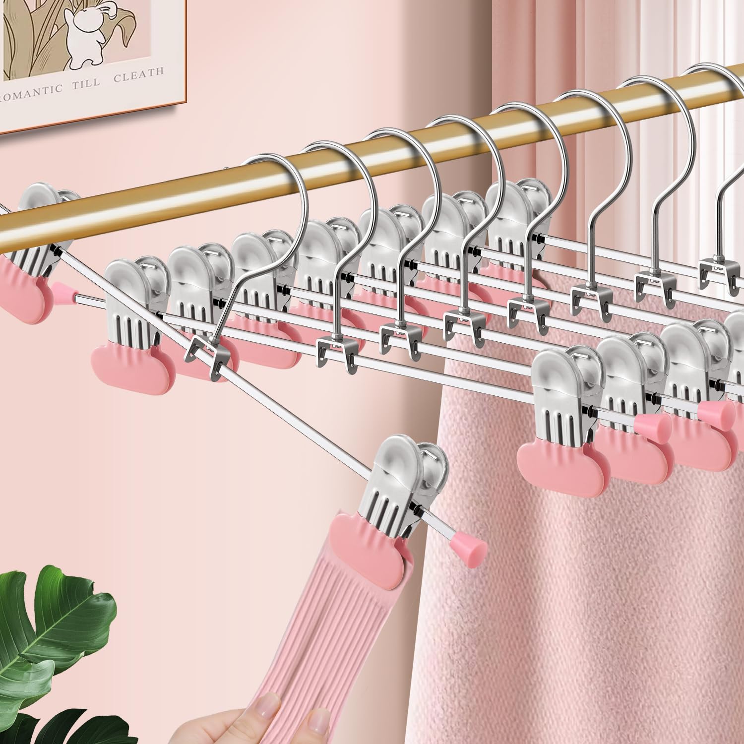 Hosenbügel mit breiten Clips, 35,6 cm, verstellbare Rockbügel für Damen, rutschfest, robust, platzsparend, Hosenbügel für Jeans, Shorts, Rosa, 50 Stück