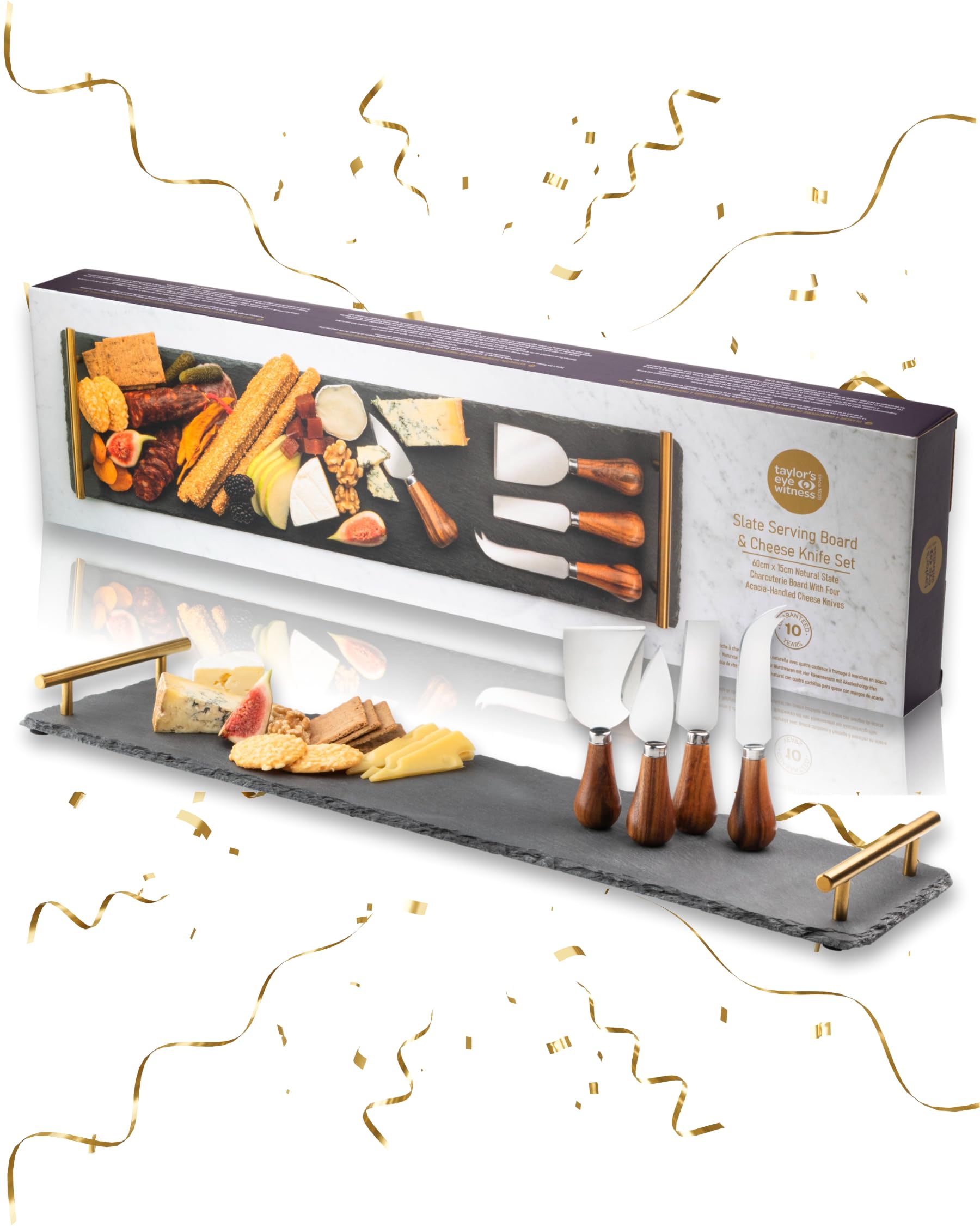 4 Piece Acacia Cheese Knife Set & Slate Board - Stylish Cheese Knives Gift Set With Long Slate Board. Acacia Wood Knife Handles & Classic Polished Stainless Steel Blades. 10 Year Guarantee.