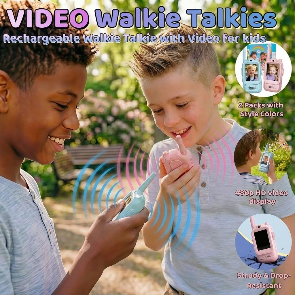 Kids Video Walkie Talkies for Kids Ages 3-5, 2 Pack Rechargeable Long Range Walkie Talkie with HD Camera Screen, Voice Changer Toy for Indoor Outdoor Adventure, Blue Pink