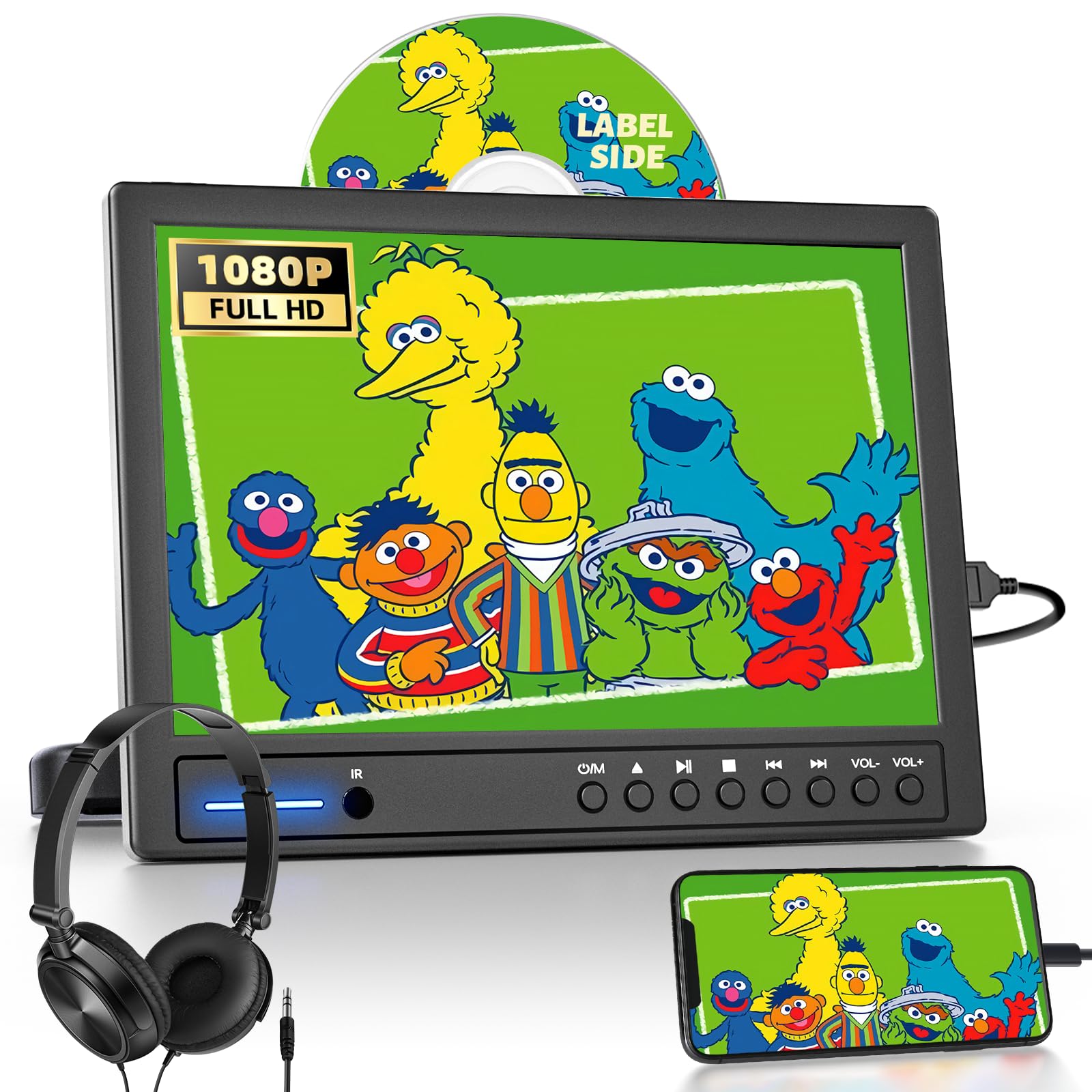 Arafuna 12,5 Pollici Lettore DVD Portatile, 1080P Lettore DVD Auto, Supporta l'ingresso USB/TF, HDMI, AV, Non Ricaricabile