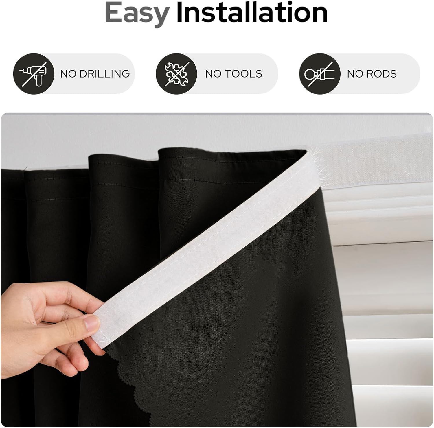 Self Adhesive Curtains - No Drilling, No Rod, Easy to Install Blackout Curtains for Window Blinds,Bedroom(Black 59 * 71in-1P)