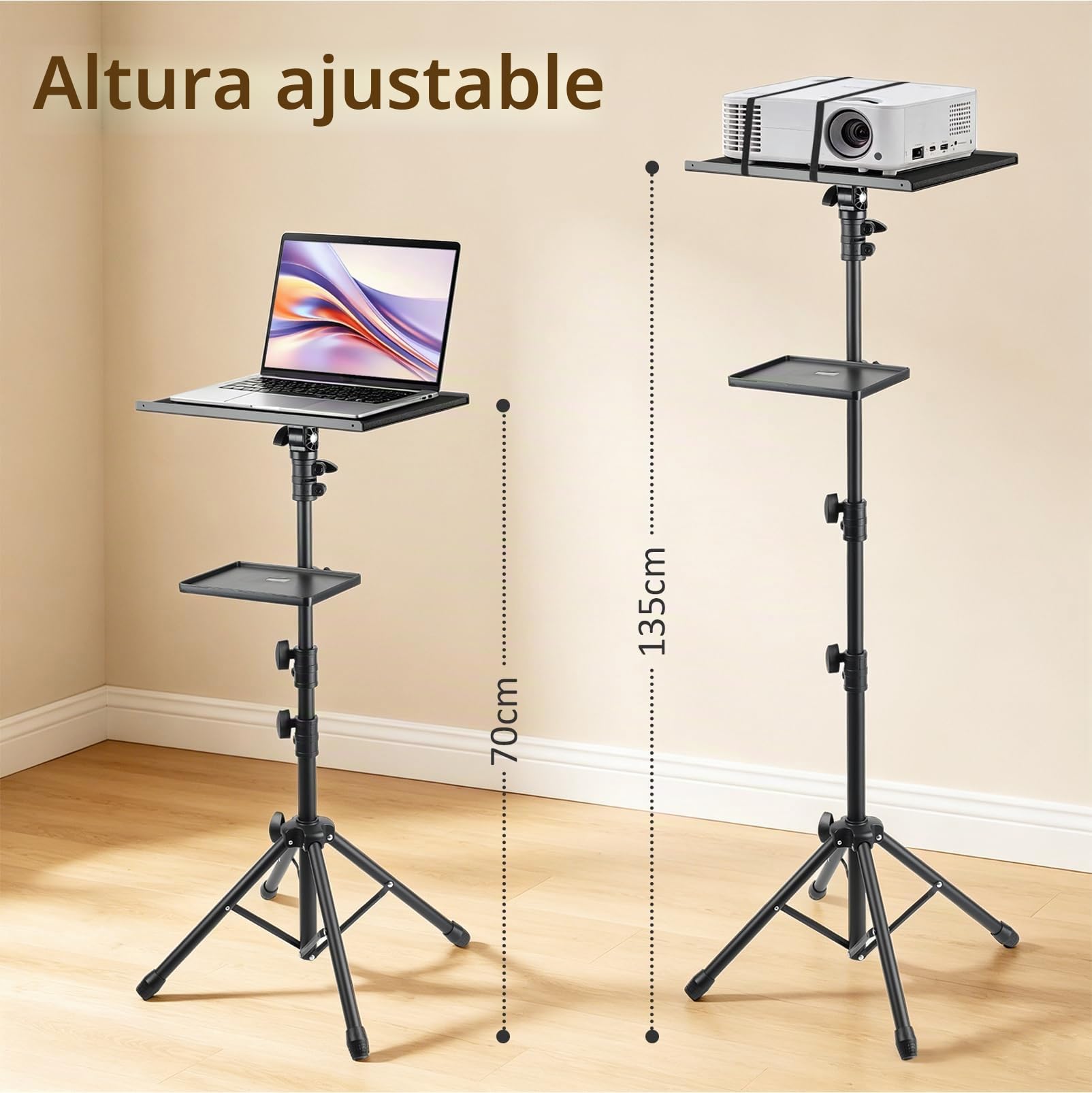 Soporte Proyector Doble Bandeja Altura Ajustable 70-135 cm 10 kg Trípode