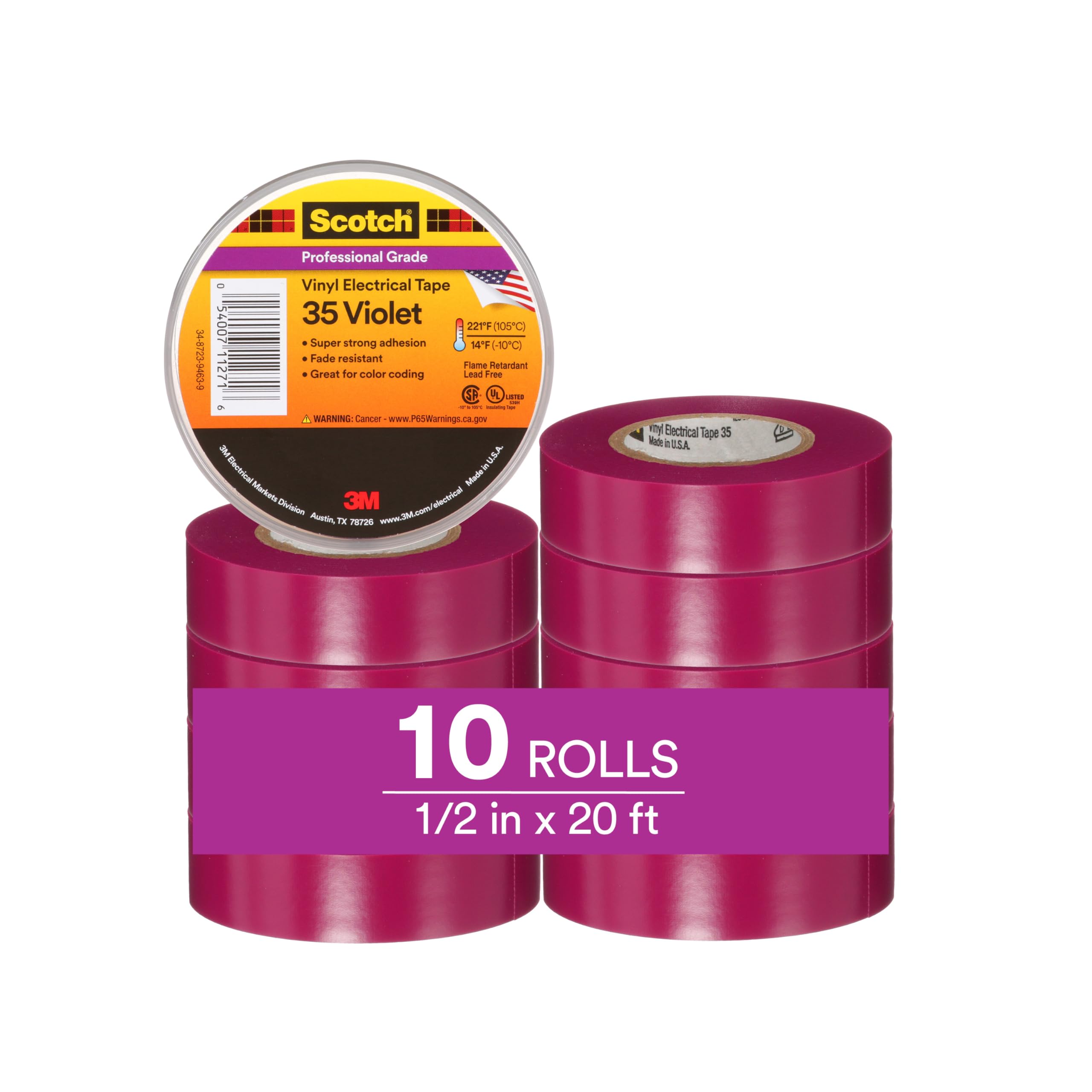 Scotch Cinta aislante de codificación de color de vinilo 35, 1/2 pulgada, violeta, 10 rollos