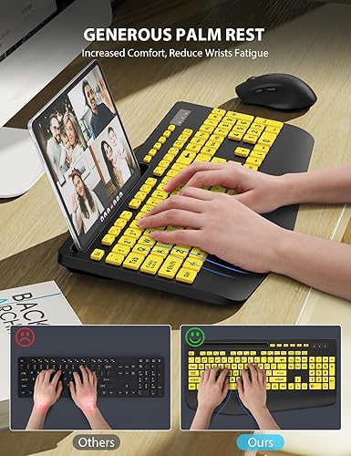 Miniatura 21 de Combo de teclado y mouse inalámbricos, teclado ergonómico de tamaño completo con reposamuñecas, soporte para teléfono, modo de suspensión, Rosa