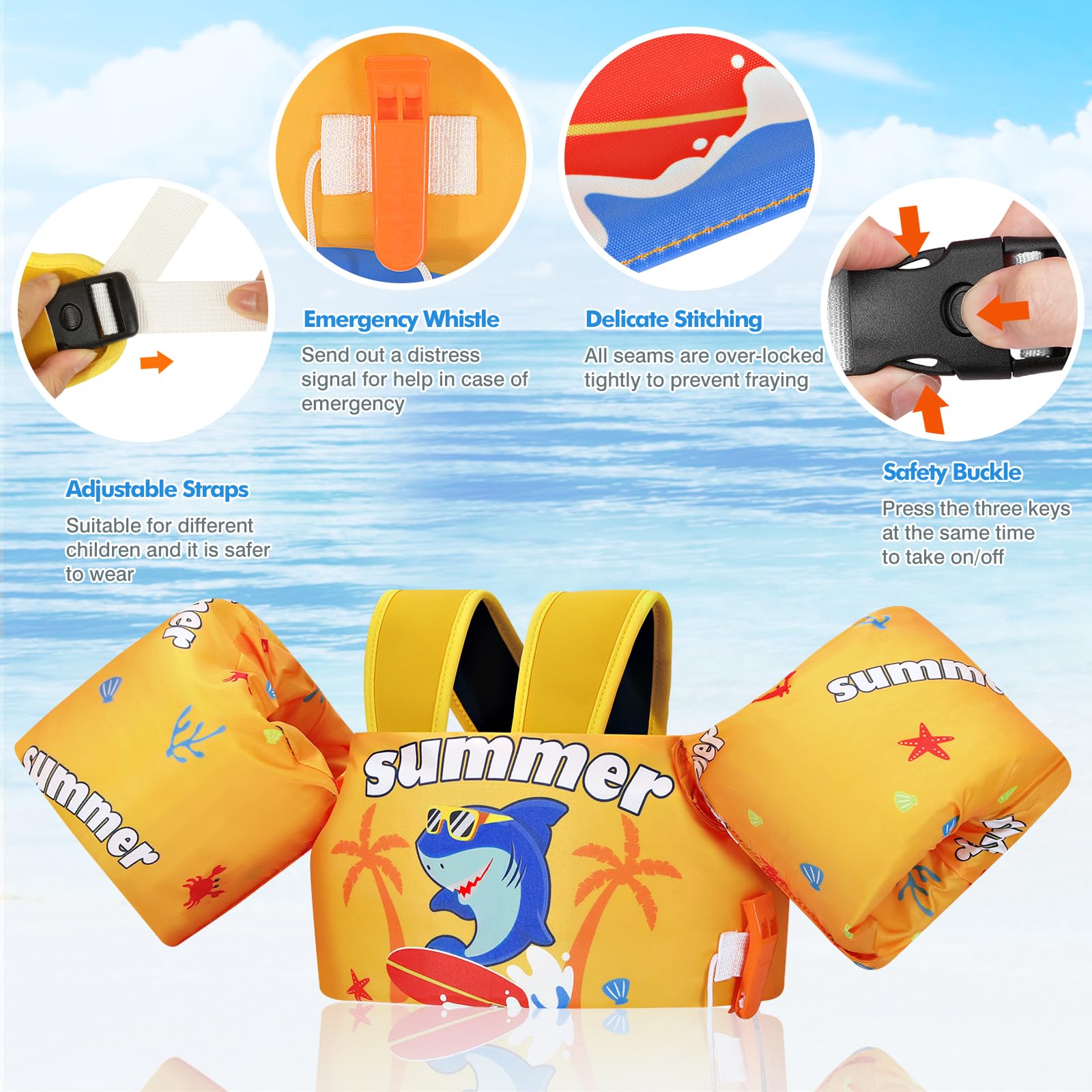MoKo Chaleco de Natación Niños, Manguitos Flotadores de Natación para Niños con Silbato para Aprender Nadar, Brazaletes de Natación Flotante Niños
