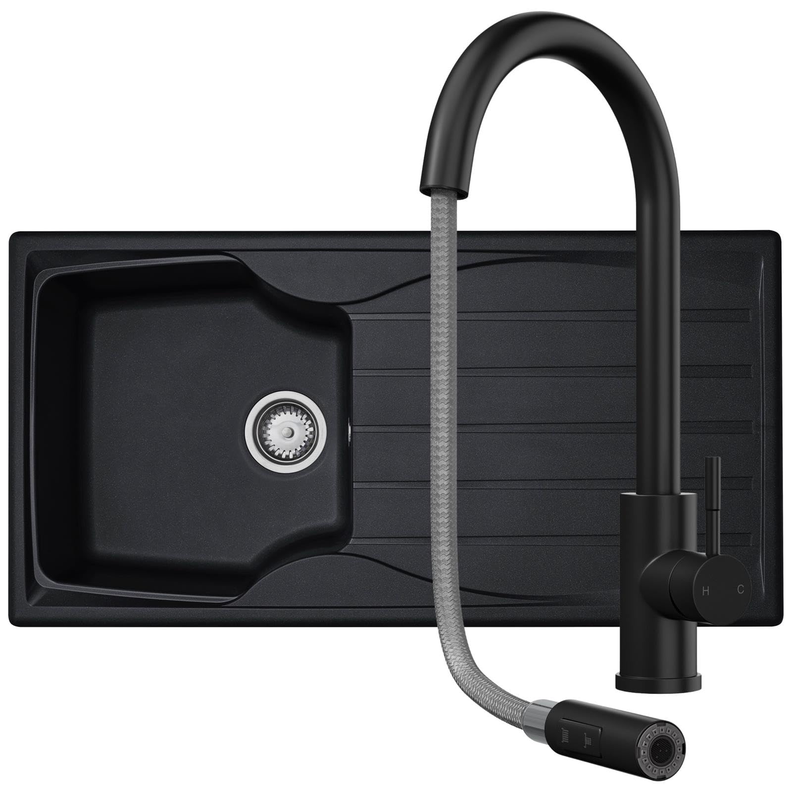B&Q -  Cmp10Bl 1.0 Bowl Reversible Black Kitchen Sink And Pull Out Ct453Mb Tap