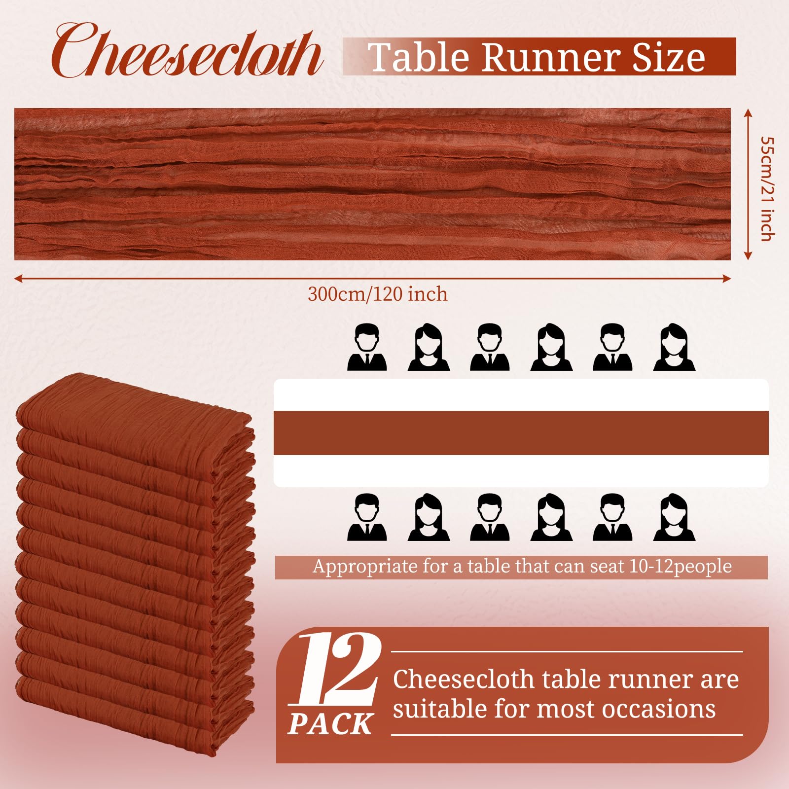 12 Pack Terracotta Cheesecloth Table Runners 10Ft Boho Gauze Table Runner 21120 Inch Rustic Romantic Long Table Runner for Wedding Party Bridal Shower Christmas Decoration - Image 2