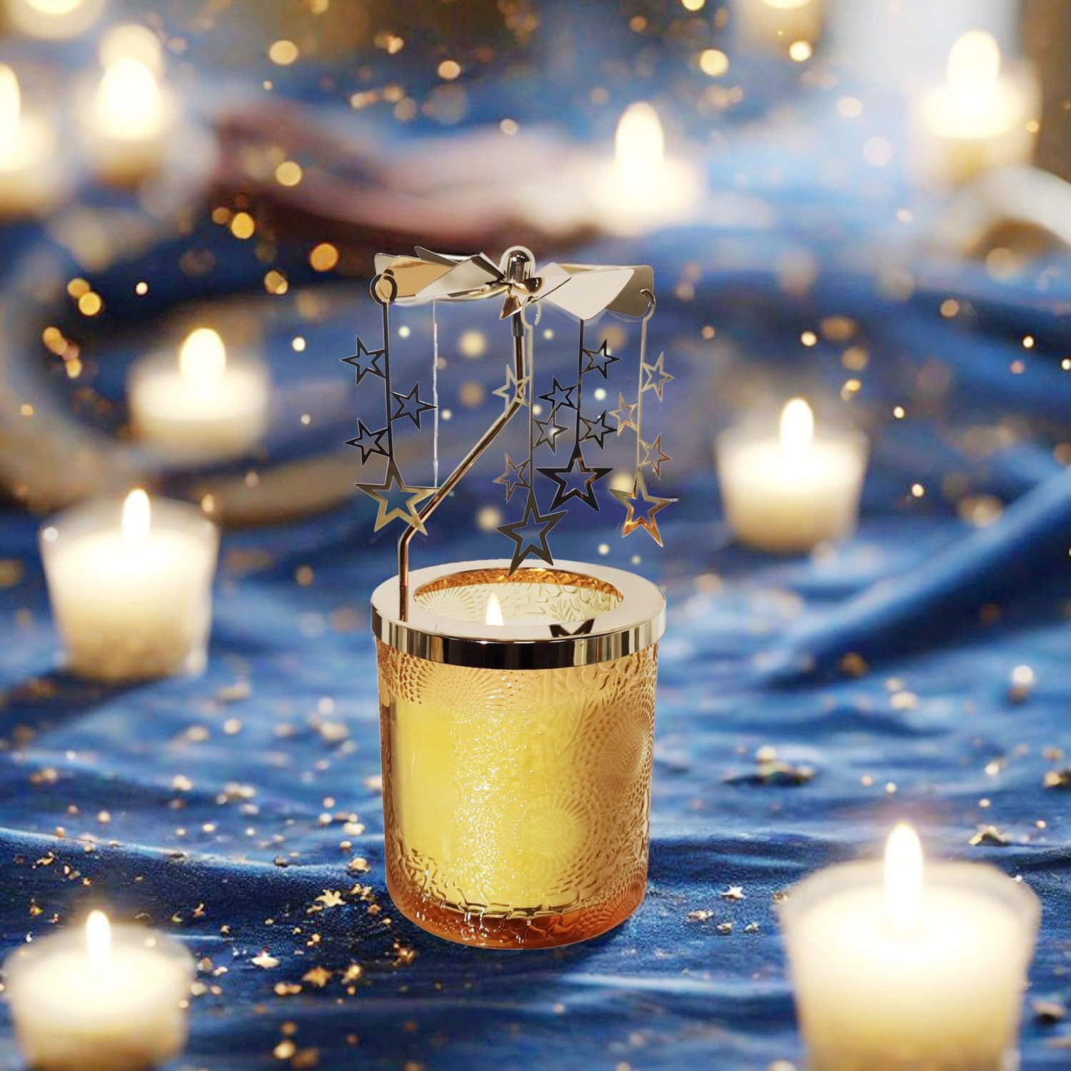 kingnero Lavender Scented Candle Carousel Rotary Candle Holder Spinning Tea Light Holder Birthday Gifts for Women, Mom, Wife, Girlfriend, Sister, Female Friends, Gold Star