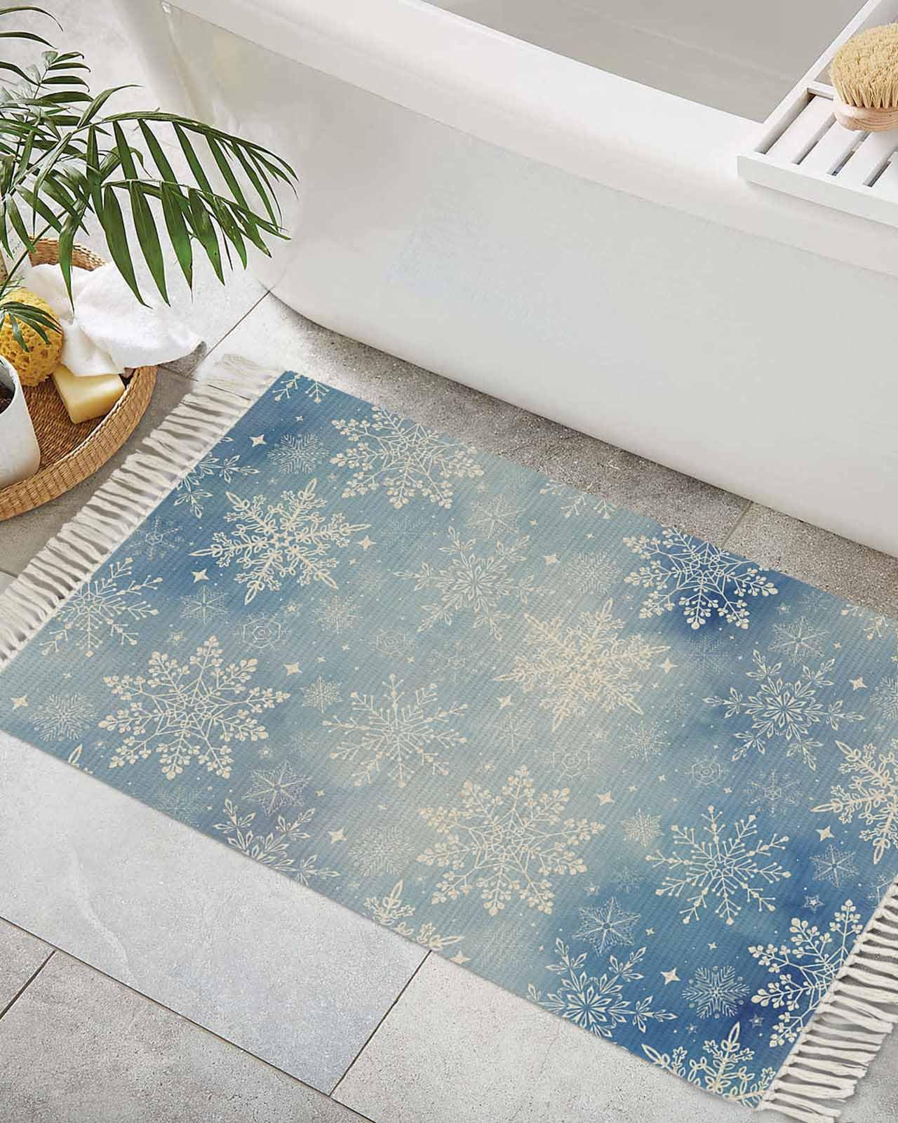 Blue Christmas Snowflakes Washable Bath Rug - 2x3 Entry Rug Washable Indoor Bathroom Door Mat with Tassel,Ombre Vintage Winter Holiday Modern Woven
