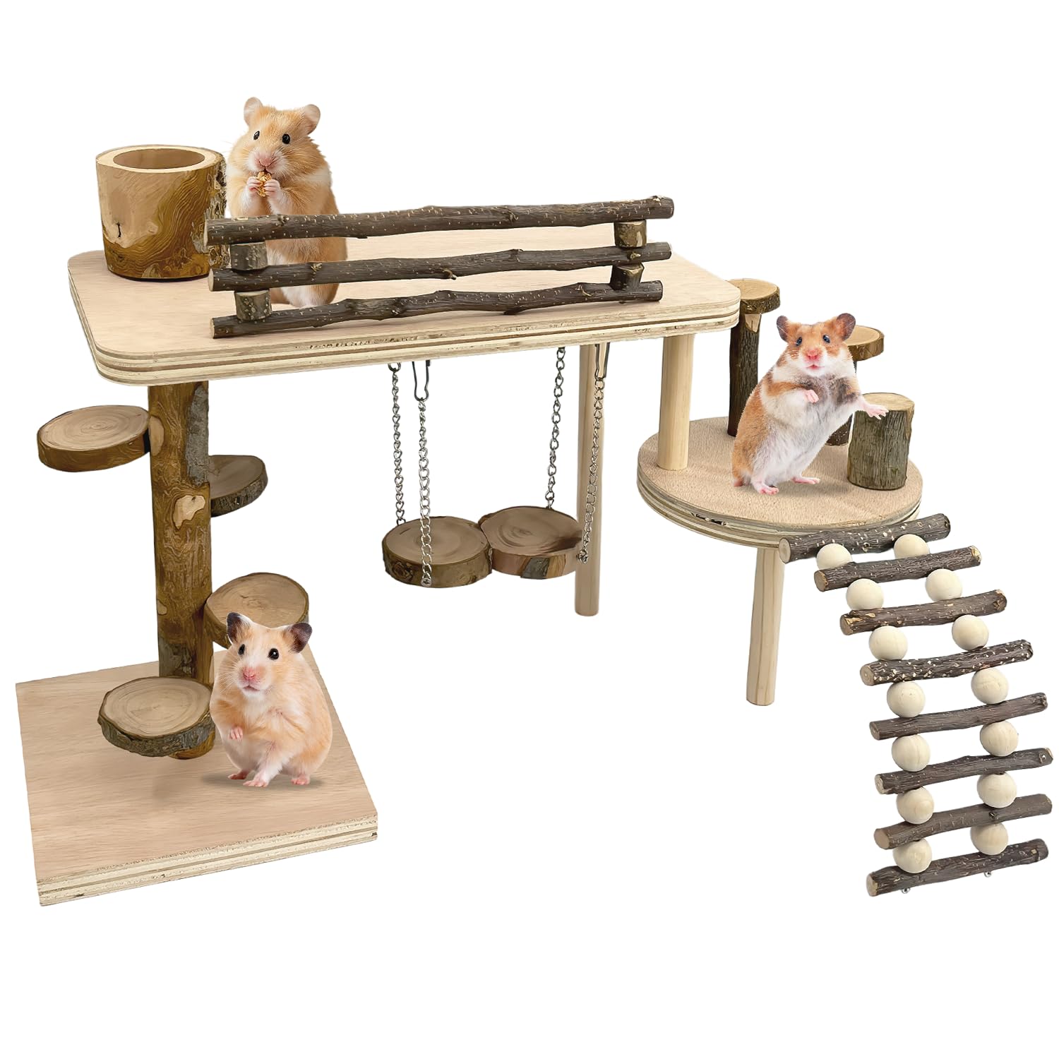 Hamsterspielzeug aus Holz – Naturholz Spielplatz Klettersystem mit Leiter, Futternapf, Rampe & Brücke, Kleintierlebensraum Aktivitätsset für Rennmäuse, Maus, Ratte, Chinchilla