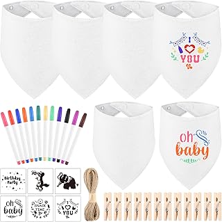 NACHLYNN 37 Pcs White Baby Bibs Baby Shower Games Set Including 6 Blank Baby Bibs 6 Stencils 12 Clothespins 12 Fabric Markers 1 Hemp Rope for Boys Girls Gender Reveal Party