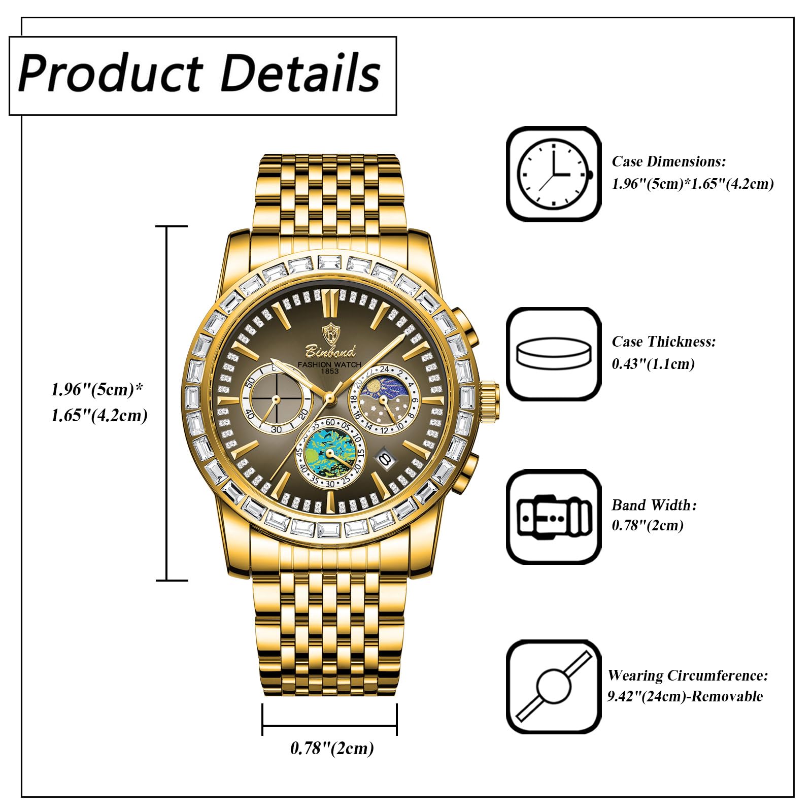 JewelryWe Zegarek męski, świecący zegarek chronografowy: 2 szt. 30 wodoszczelny kalendarz, analogowy, kwarcowy, męski, pasek ze stali nierdzewnej, wielofunkcyjny zegarek ze świecącymi wskazówkami