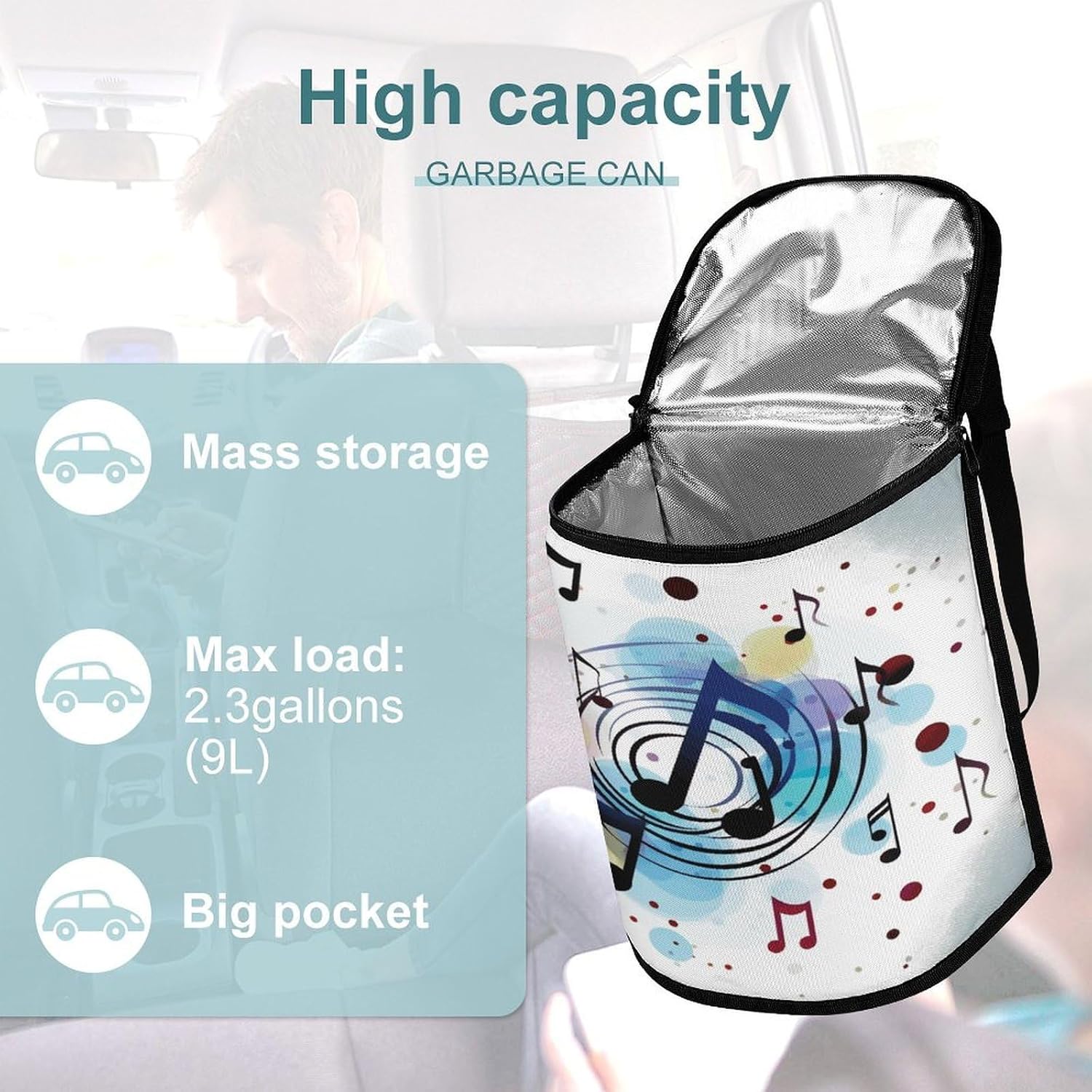 Polka Dot Music Note Car Trash Bag 5.4 Gallon Foldable Waterproof Car Trash Can Hanging Car Garbage Bag with Lid Smell Proof Leakproof Vehicle Garbage Organizer for Auto, SUV image 3