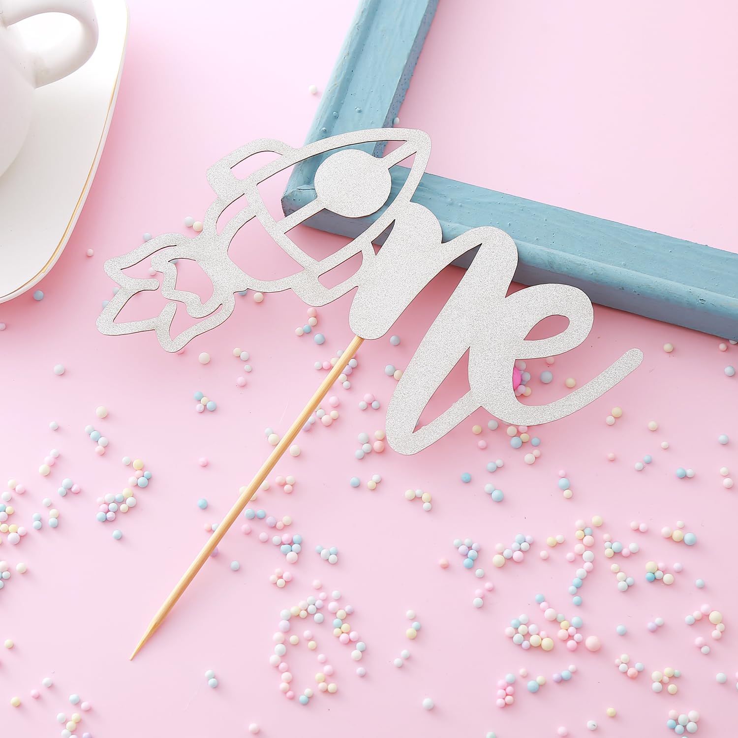 Topper Per Torta Rocket Spaziale - Decorazione Glitterata Argento Per 1° Compleanno, Tema Celestiale - Foto 5