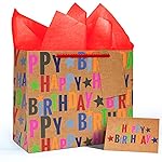 LaRibbons 13 Large Kraft Birthday Gift Bag with Tissue Paper and Greeting Card, Colorful Text Happy Birthday and Stars Design, Perfect for Boys, Girls, Kids, Men