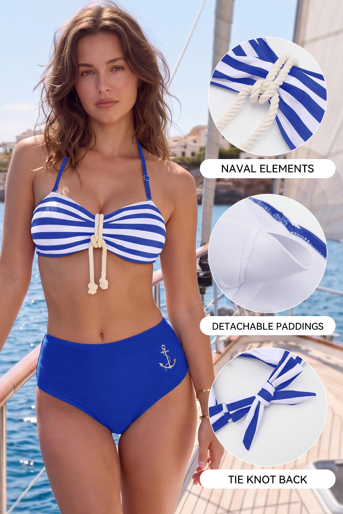 SHEKINI Ensemble bikini taille haute à rayures nautiques pour femme - Bretelles détachables - Bandeau dos nu - Contrôle du ventre - Maillot de bain deux pièces à coupe haute - Maillot de bain pour