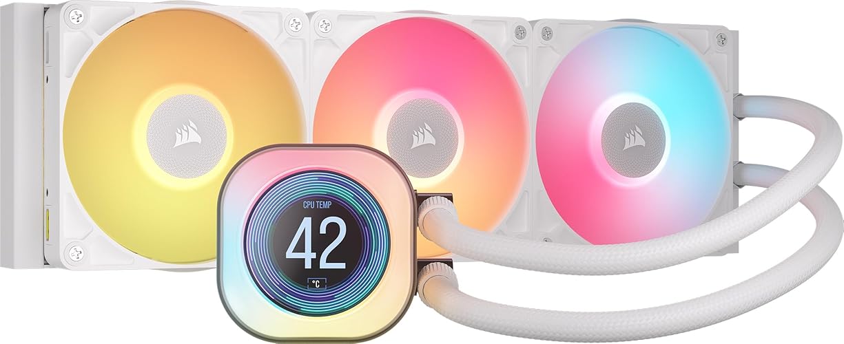 Corsair iCUE LINK TITAN 360 RX LCD Liquid CPU Cooler – 360mm AIO – Low-Noise – FlowDrive Cooling Engine – Intel LGA 1851/1700, AMD AM5/AM4 – 3x RX120 RGB Fans – iCUE LINK System Hub Included – White - White - 360mm AIO