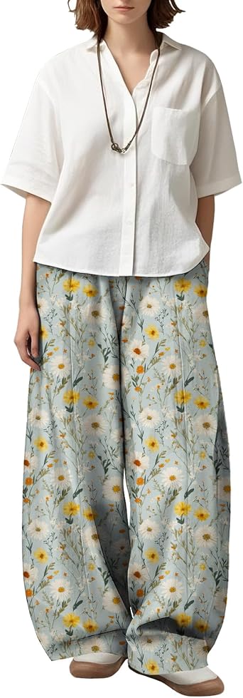 Summer Womens Colorful Graphic Print Wide Leg Trousers Fun Artistic High Waist Yoga Pants with Pockets Plus Size