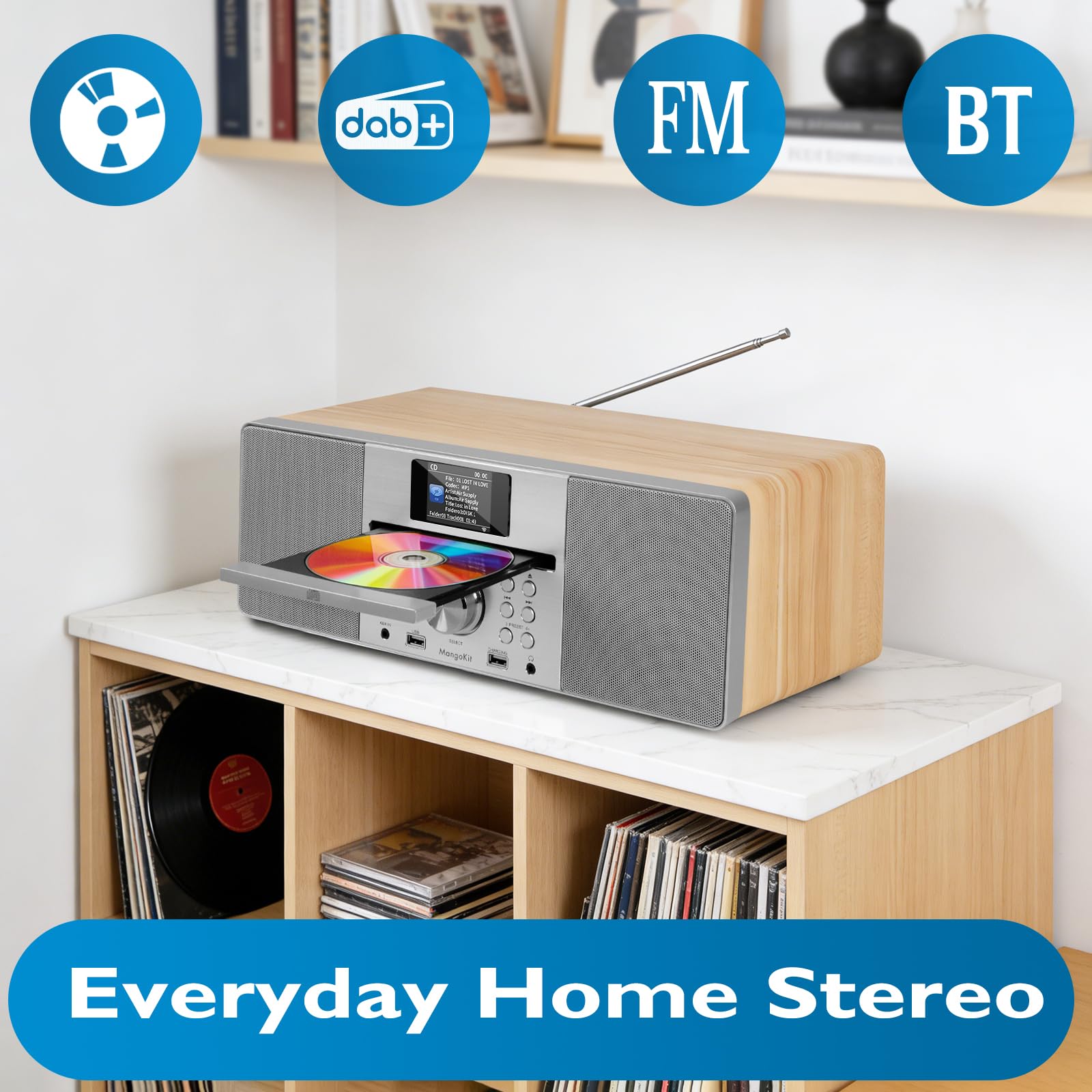 Lecteur CD avec Radio Dab/Dab+ et FM, Streaming Bluetooth, système Hi-FI stéréo 80 W, écran Couleur, 60 Stations préréglées, télécommande, Coffret en Bois Acoustique, MANGOKIT MS1-Arce